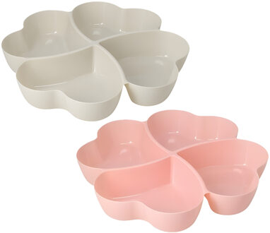 Excellent Houseware Snackschaal / serveerschaal bloem - set 2x - met vakverdeling - roze / wit - kunststof - D32 cm