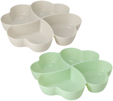Excellent Houseware Snackschaal / serveerschaal bloem - set 2x - met vakverdeling - wit / groen - kunststof - D32 cm