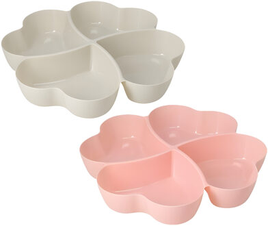 Excellent Houseware Snackschaal / serveerschaal bloem - set 2x - met vakverdeling - wit / roze - kunststof - D32 cm