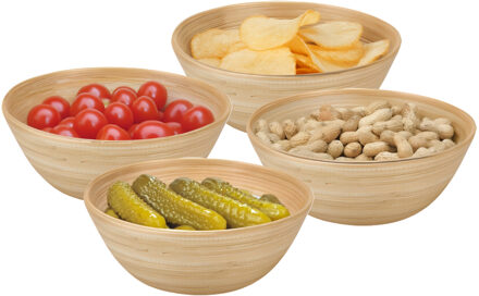 Excellent Houseware Snackschaaltje / kommetje - 4x - D18 x H7 cm - bamboe - naturel - soep / yoghurt / chips