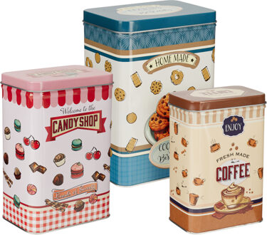 Excellent Houseware Snoep en koekjes bewaarblikken - Retro stijl - set van 3x stuks - metaal - in 3 maten en stijlen