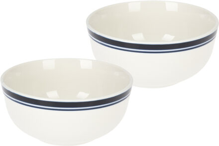 Excellent Houseware Soepkommen/serveer schaaltjes - 2x - Bologna - porselein - D13 x H7.5 cm - wit/blauw