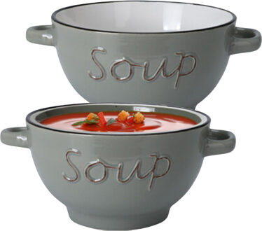 Excellent Houseware Soepkommen/serveer schaaltjes - 2x - Gres - porselein - D14 x H8 cm - lichtgrijs