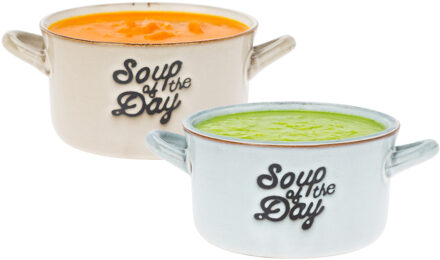 Excellent Houseware Soepkommen/serveer schaaltjes - 2x - met oor - lichtblauw/beige porselein - 500ml