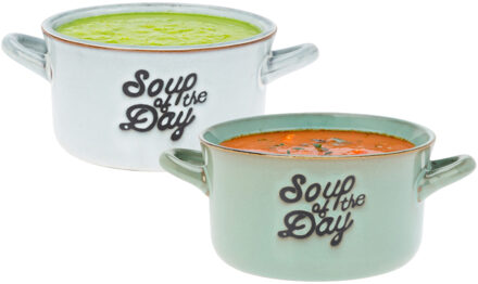 Excellent Houseware Soepkommen/serveer schaaltjes - 2x - met oor - lichtblauw/lichtgroen porselein - 500ml