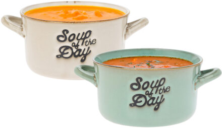 Excellent Houseware Soepkommen/serveer schaaltjes - 2x - met oor - lichtgroen/beige porselein - 500ml