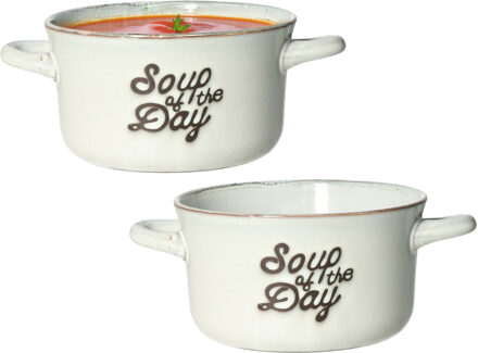 Excellent Houseware Soepkommen/serveer schaaltjes - 2x - met oor - porselein - 500ml - beige/blauw