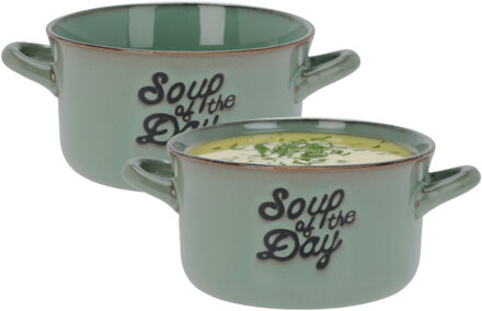 Excellent Houseware Soepkommen/serveer schaaltjes - 2x - met oor - porselein - 500ml - groen