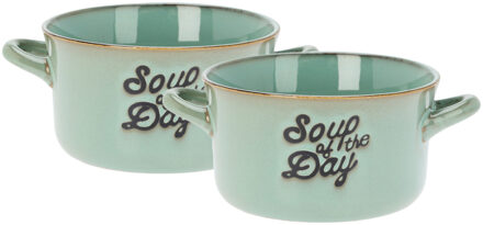 Excellent Houseware Soepkommen/serveer schaaltjes - 2x - met oor - porselein - 500ml - lichtgroen