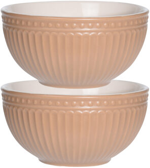 Excellent Houseware Soepkommen/serveer schaaltjes - 2x - Roman Style - keramiek - D14 x H7 cm - zalm roze - Stapelbaar