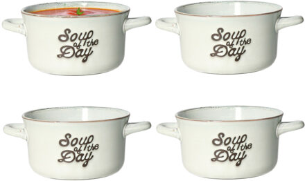 Excellent Houseware Soepkommen/serveer schaaltjes - 4x - met oor - porselein - 500ml - beige/blauw