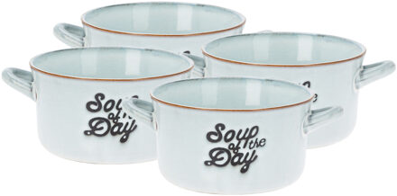 Excellent Houseware Soepkommen/serveer schaaltjes - 4x - met oor - porselein - 500ml - lichtblauw