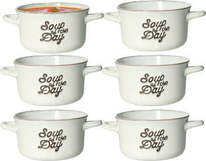 Excellent Houseware Soepkommen/serveer schaaltjes - 6x - met oor - porselein - 500ml - beige/blauw