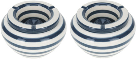 Excellent Houseware Stormasbak gestreept - 2x - Blauw/wit - Dia 14 cm - keramiek - Asbakken