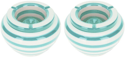 Excellent Houseware Stormasbak gestreept - 2x - Lichtblauw/wit - Dia 14 cm - keramiek