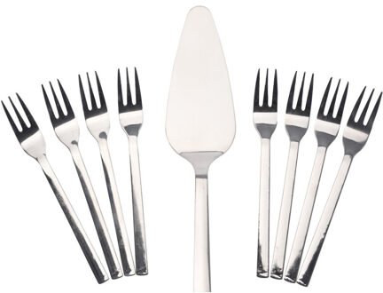 Excellent Houseware Taart serveer set - taartschep met 8 vorkjes - rvs - 23 cm - Besteksets Zilverkleurig