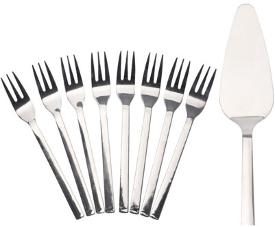 Excellent Houseware Taartschep incl. 8 gebaksvorkjes - serveer set - rvs - 23 cm - Feestbestek Zilverkleurig