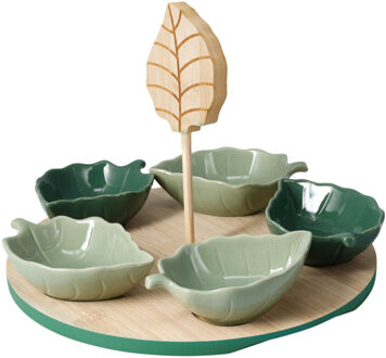 Excellent Houseware tapas serveerschaaltjes Leaf - groen - Set van 5x stuks op dienblad - sausjes