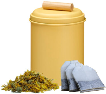 Excellent Houseware Thee bewaarblik - geel - metaal - 14 x 20 cm - theeblik - losse thee