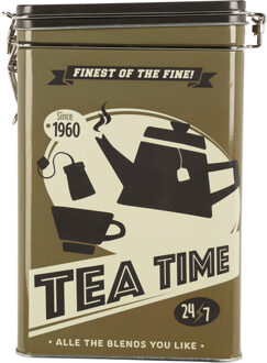 Excellent Houseware Thee bewaarblik - metaal - retro print bruin - 13 x 8 x 18 cm - theezakjes en losse thee