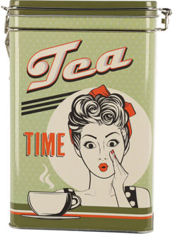 Excellent Houseware Thee bewaarblik - metaal - retro print groen - 13 x 8 x 18 cm - theezakjes en losse thee