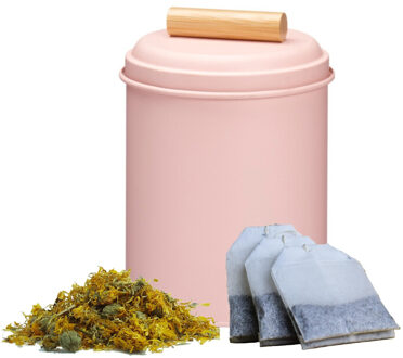 Excellent Houseware Thee bewaarblik - roze - metaal - 14 x 20 cm - theeblik - losse thee