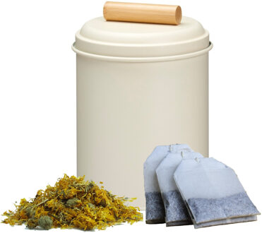 Excellent Houseware Thee bewaarblik - wit - metaal - 14 x 20 cm - theeblik - losse thee