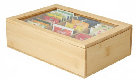 Excellent Houseware Theedoos - 6-vaks - bamboe - 24 x 16 x 7 cm - theekist - kijkvenster