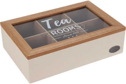 Excellent Houseware Theedoos - 6-vaks - beige/bruin - hout - 24 x 16 x 7 cm - theekist - glazen deksel