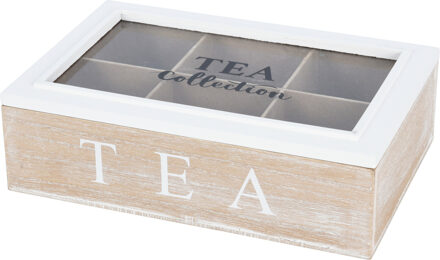 Excellent Houseware Theedoos - 6-vaks - naturel/wit - hout - 24 x 16 x 7 cm - theekist - glazen deksel