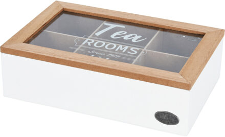 Excellent Houseware Theedoos - 6-vaks - wit/bruin - hout - 24 x 16 x 7 cm - theekist - glazen deksel