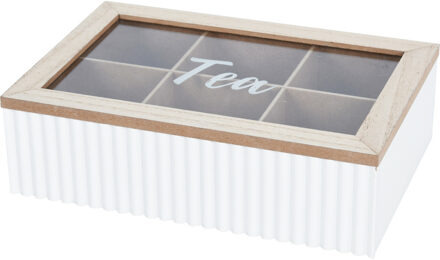 Excellent Houseware Theedoos - 6-vaks - wit/bruin - hout - 24 x 16 x 7 cm - theekist - glazen deksel