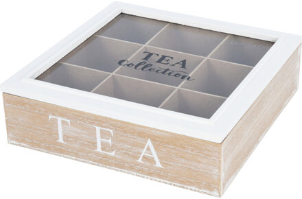Excellent Houseware Theedoos - 9-vaks - naturel/wit - hout - 24 x 24 x 7 cm - theekist - glazen deksel