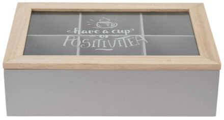 Excellent Houseware Theedoos - grijs/bruin - 6 vakken - 24 x 16 x 7 cm - hout - theekist