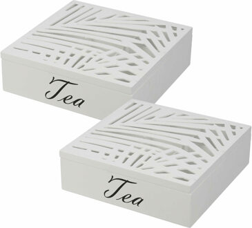Excellent Houseware Theedoos/theekist - 2x stuks - 9 vaks - Hout - Wit