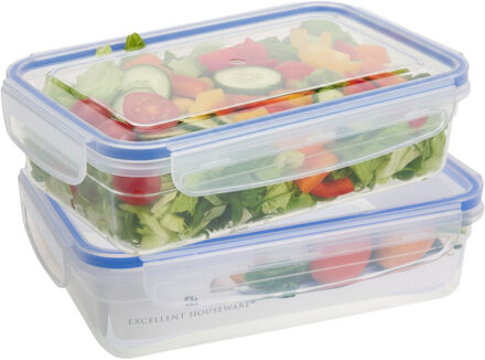 Excellent Houseware Vershoudbakje - 2x - 1400 ml - transparant - kunststof - 23 x 16 x 6,5 cm - Luchtdicht afgesloten