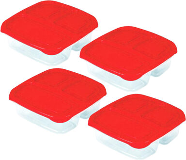 Excellent Houseware Vershoudbakje - 4x - 3-vaks - 1,2L - meal prep - herbruikbaar - rood