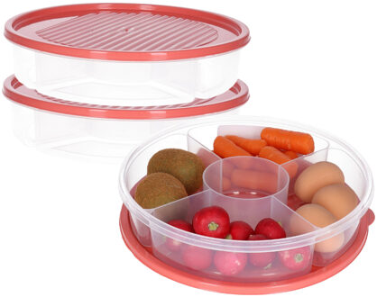 Excellent Houseware Vershoudbakje/bewaarbakje - 2x - luchtdicht - 5 vakjes - koraalrood - kunststof - 2 liter
