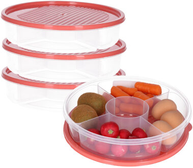 Excellent Houseware Vershoudbakje/bewaarbakje - 3x - luchtdicht - 5 vakjes - koraalrood - kunststof - 2 liter