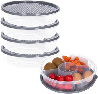 Excellent Houseware Vershoudbakje/bewaarbakje - 4x - luchtdicht - 5 vakjes - donkergrijs - kunststof - 2 liter