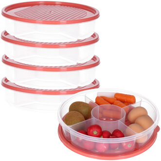 Excellent Houseware Vershoudbakje/bewaarbakje - 4x - luchtdicht - 5 vakjes - koraalrood - kunststof - 2 liter