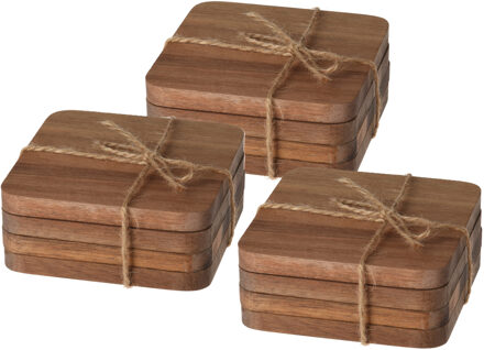 Excellent Houseware Vierkante acacia houten glazen onderzetters - 12x stuks - 10x10 cm