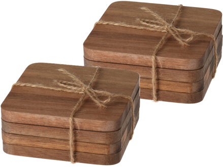 Excellent Houseware Vierkante acacia houten glazen onderzetters - 8x stuks - 10x10 cm