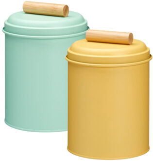Excellent Houseware Voorraadpotten set - 2x - koekjes bewaarblik - 14 x 20 cm - metaal - groen / geel