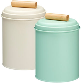Excellent Houseware Voorraadpotten set - 2x - koekjes bewaarblik - 14 x 20 cm - metaal - groen / wit