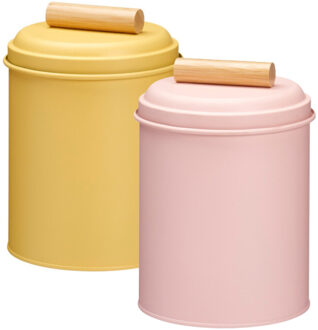 Excellent Houseware Voorraadpotten set - 2x - koekjes bewaarblik - 14 x 20 cm - metaal - roze / geel
