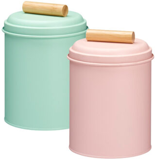 Excellent Houseware Voorraadpotten set - 2x - koekjes bewaarblik - 14 x 20 cm - metaal - roze / groen