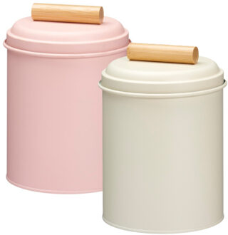 Excellent Houseware Voorraadpotten set - 2x - koekjes bewaarblik - 14 x 20 cm - metaal - roze / wit