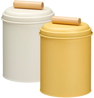 Excellent Houseware Voorraadpotten set - 2x - koekjes bewaarblik - 14 x 20 cm - metaal - wit / geel