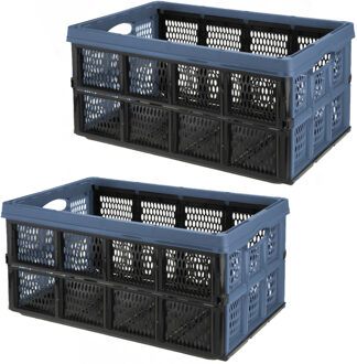 Excellent Houseware Vouwkrat/boodschappenkrat - 2x - 32 liter - zwart/blauw - kunststof - 48 x 35 x 24 cm